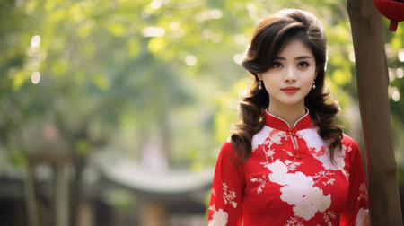 a woman in a red dressの素材