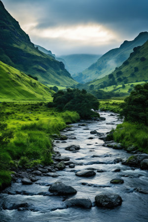 a river running through a valleyの素材