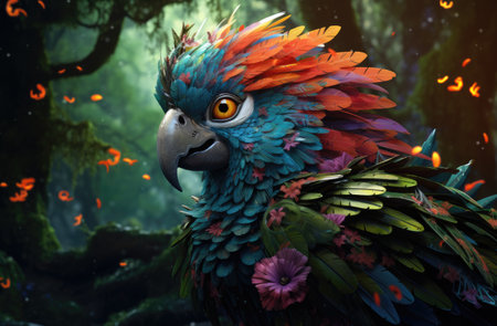 a colorful bird with flowersの素材