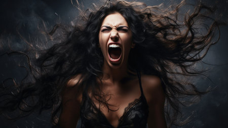 a woman with long hair screamingの素材