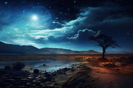 a landscape with a tree and a pondの素材