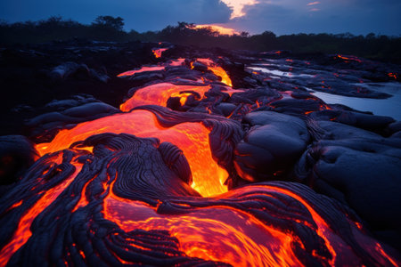 flowing lava into a riverの素材