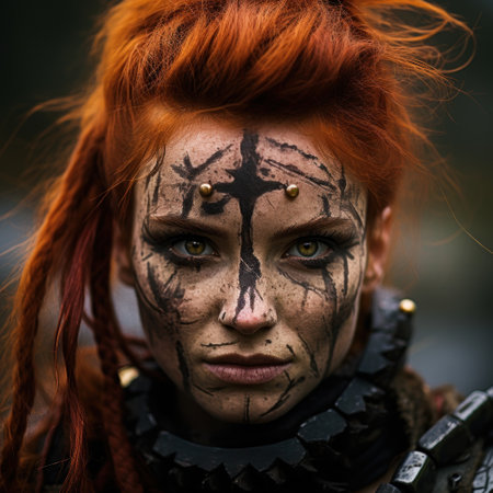 a woman with red hair and black paint on her faceの素材