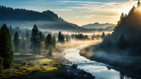 a river running through a valley with trees and fogの素材