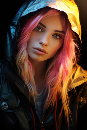 a woman with pink hair wearing a hoodの素材