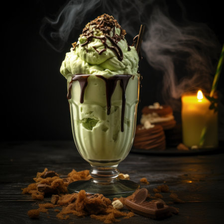 a glass with a green ice cream and chocolate syrupの素材
