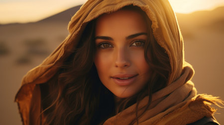 a woman with brown hair and a brown scarf around her headの素材