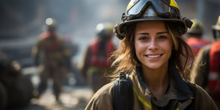 a woman wearing a firefighter's helmetの素材