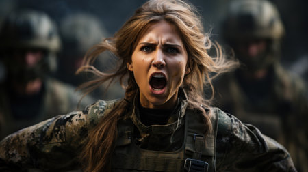 a woman in military uniform screamingの素材