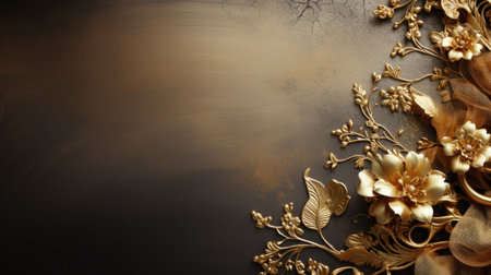 a gold flowers and leaves on a black surfaceの素材