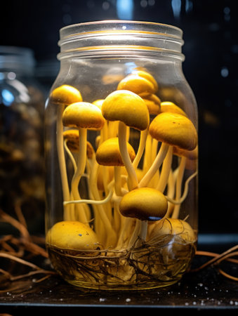 a jar of mushrooms with a light in itの素材