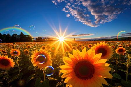a sunflowers in a field with bubblesの素材