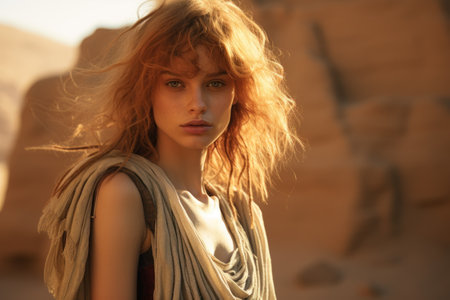 a woman with red hair and a scarf on her shoulderの素材