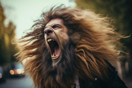 a lion with long hair and a lion's mouth openの素材