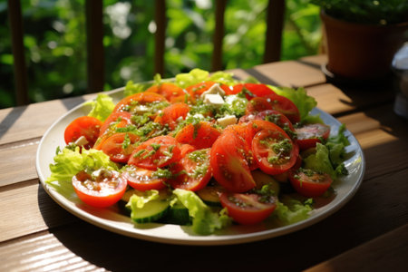 a plate of salad with tomatoes and lettuceの素材