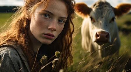 a woman with long hair and freckles in a field with a cowの素材