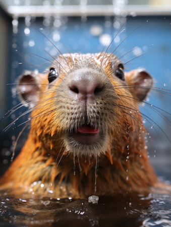 an animal with water drops on its faceの素材