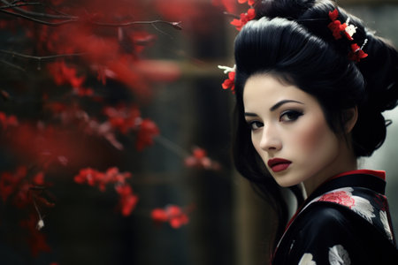 a woman with black hair and red flowers in her hairの素材
