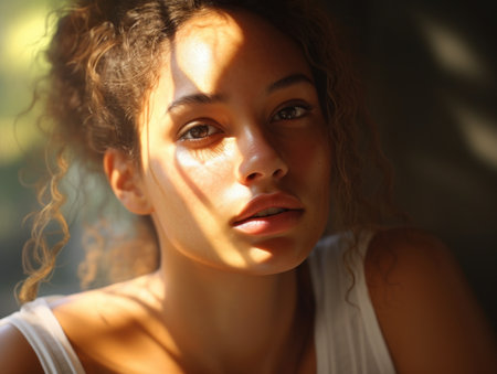 a woman with curly hair and a white tank topの素材