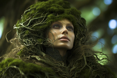 a woman with a tree covered headの素材