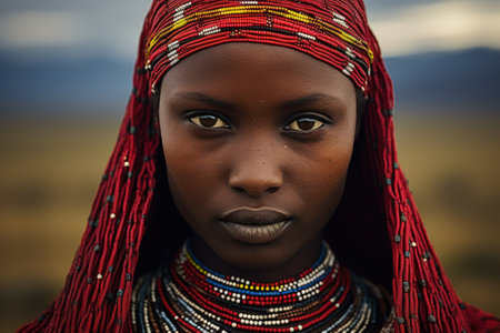 a woman with red head scarf and beaded head wrapの素材