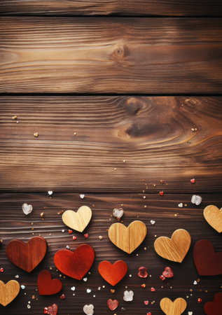 a group of hearts on a wood surfaceの素材