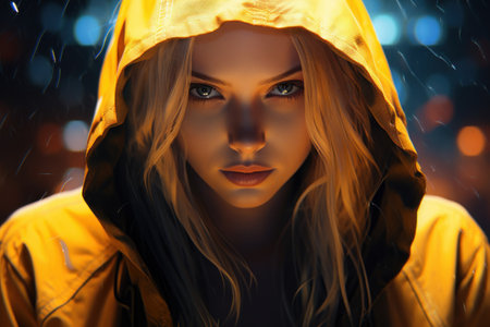 a woman wearing a yellow hoodの素材