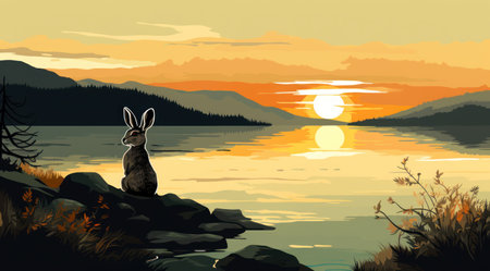 a rabbit sitting on a rock by a lakeの素材