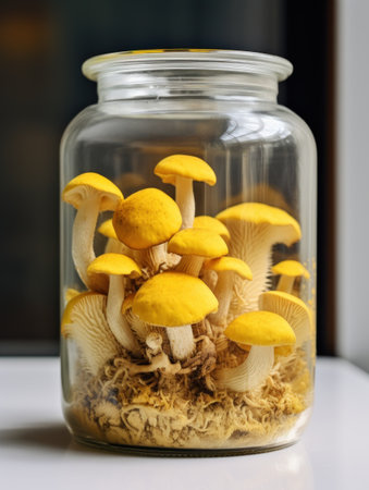 a jar with yellow mushroomsの素材