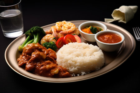 a plate of food with sauces and vegetablesの素材