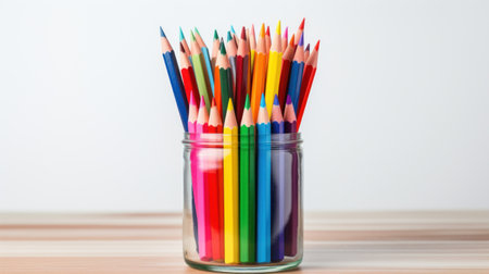 a group of colored pencils in a glass jarの素材