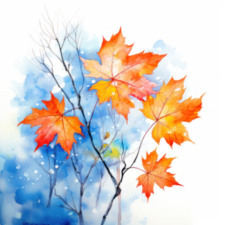 watercolor painting of orange leaves on a blue backgroundの素材