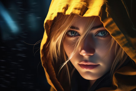 a woman wearing a yellow hoodieの素材