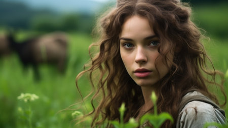 a woman with long curly hair in a fieldの素材