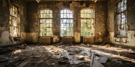 a room with broken windows and a radiatorの素材