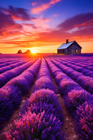a house in a field of lavenderの素材