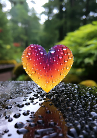 a heart shaped leaf with water drops on itの素材