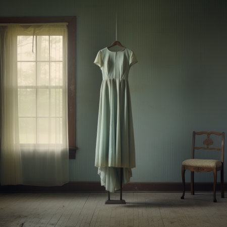 a dress on a swinger in a room with a chair and windowの素材
