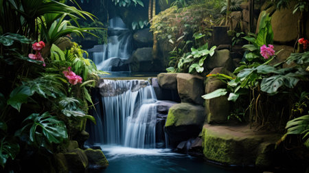 a waterfall surrounded by plantsの素材