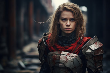 a woman in armor with blood on her faceの素材