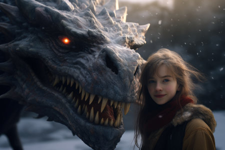 a girl next to a dinosaurの素材