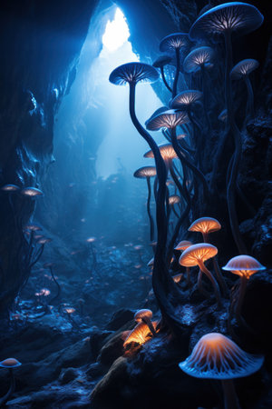 a group of mushrooms growing in a caveの素材