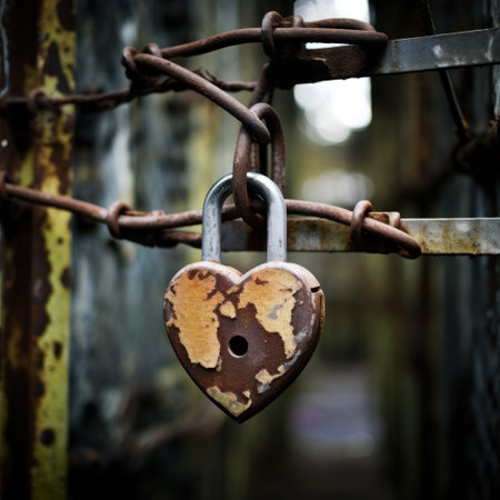 a rusty heart shaped padlock on a rusty chainの素材