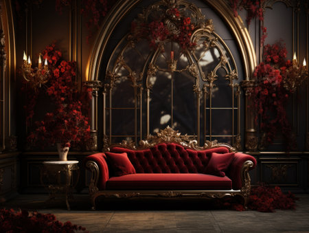 a red couch in a room with a gold arch and flowersの素材