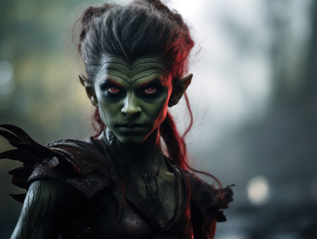 a woman in garment with green skin and red eyesの素材