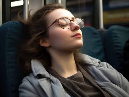 a woman sleeping on a busの素材