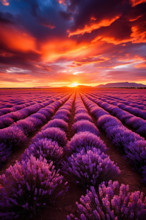 a field of lavender with a sunsetの素材