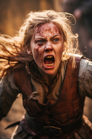 a woman with blood on her faceの素材