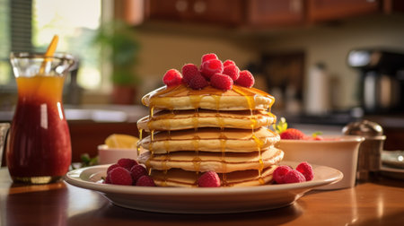 a stack of pancakes with raspberries and syrup on topの素材