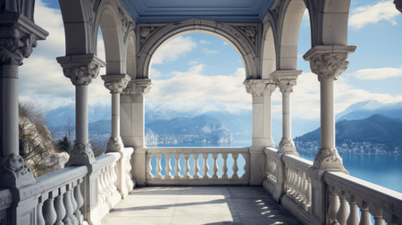 a balcony with a view of the mountains and waterの素材